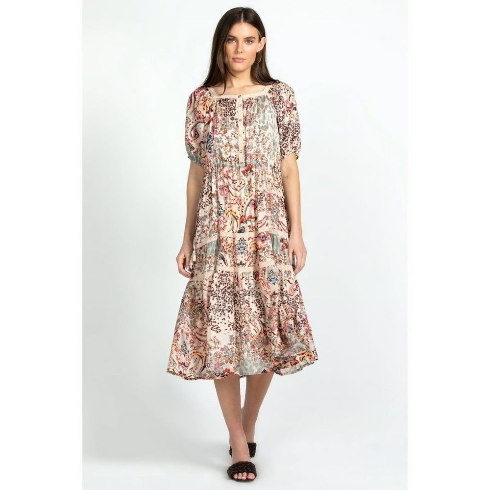 26- Johnny Was Tiered 100% Silk Midi Dress